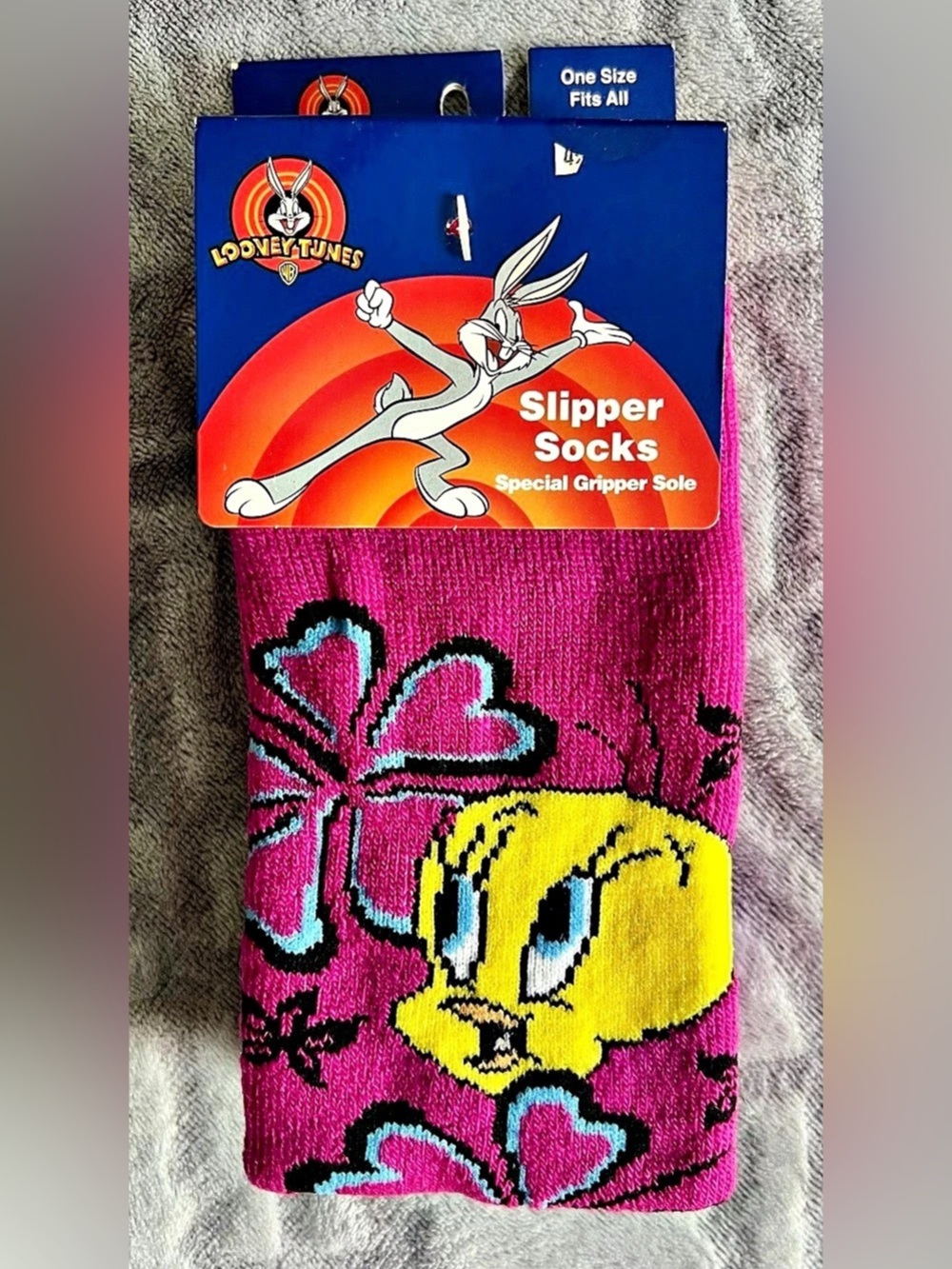 Vintage Looney Tunes Tweety Bird Pink Floral Slipper Socks NWT One Size